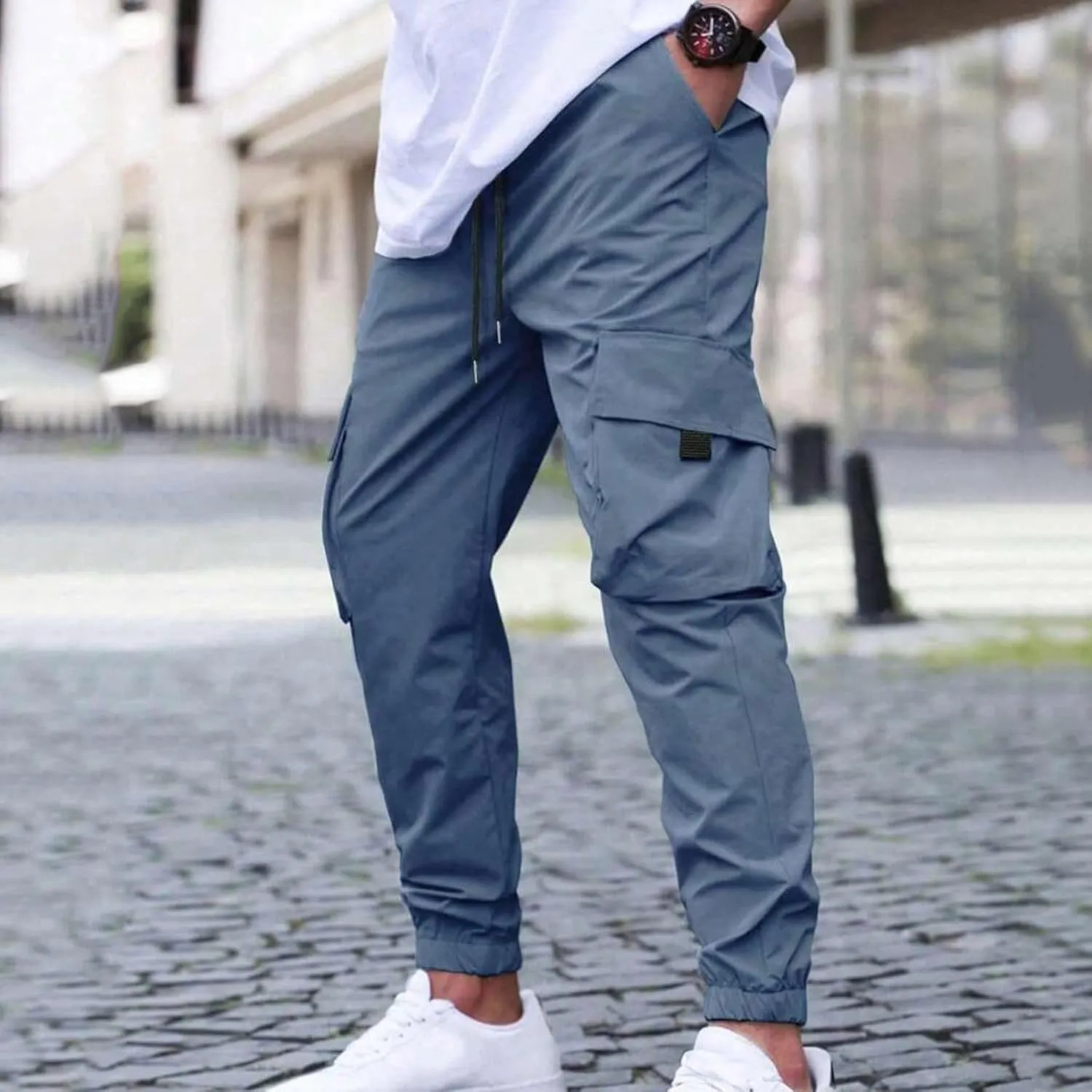 Sinzelimin Men Cargo Pants Fashion Drawstring Elastic Waist Jogger Sweatpant Baggy Casual Comfy Wide Leg Bound Feet Trouser