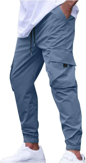 Sinzelimin Men Cargo Pants Fashion Drawstring Elastic Waist Jogger Sweatpant Baggy Casual Comfy Wide Leg Bound Feet Trouser