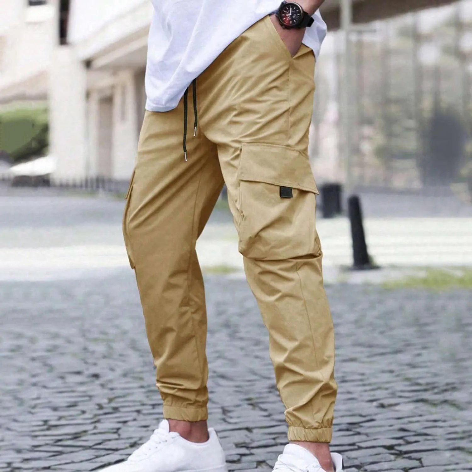 Sinzelimin Men Cargo Pants Fashion Drawstring Elastic Waist Jogger Sweatpant Baggy Casual Comfy Wide Leg Bound Feet Trouser