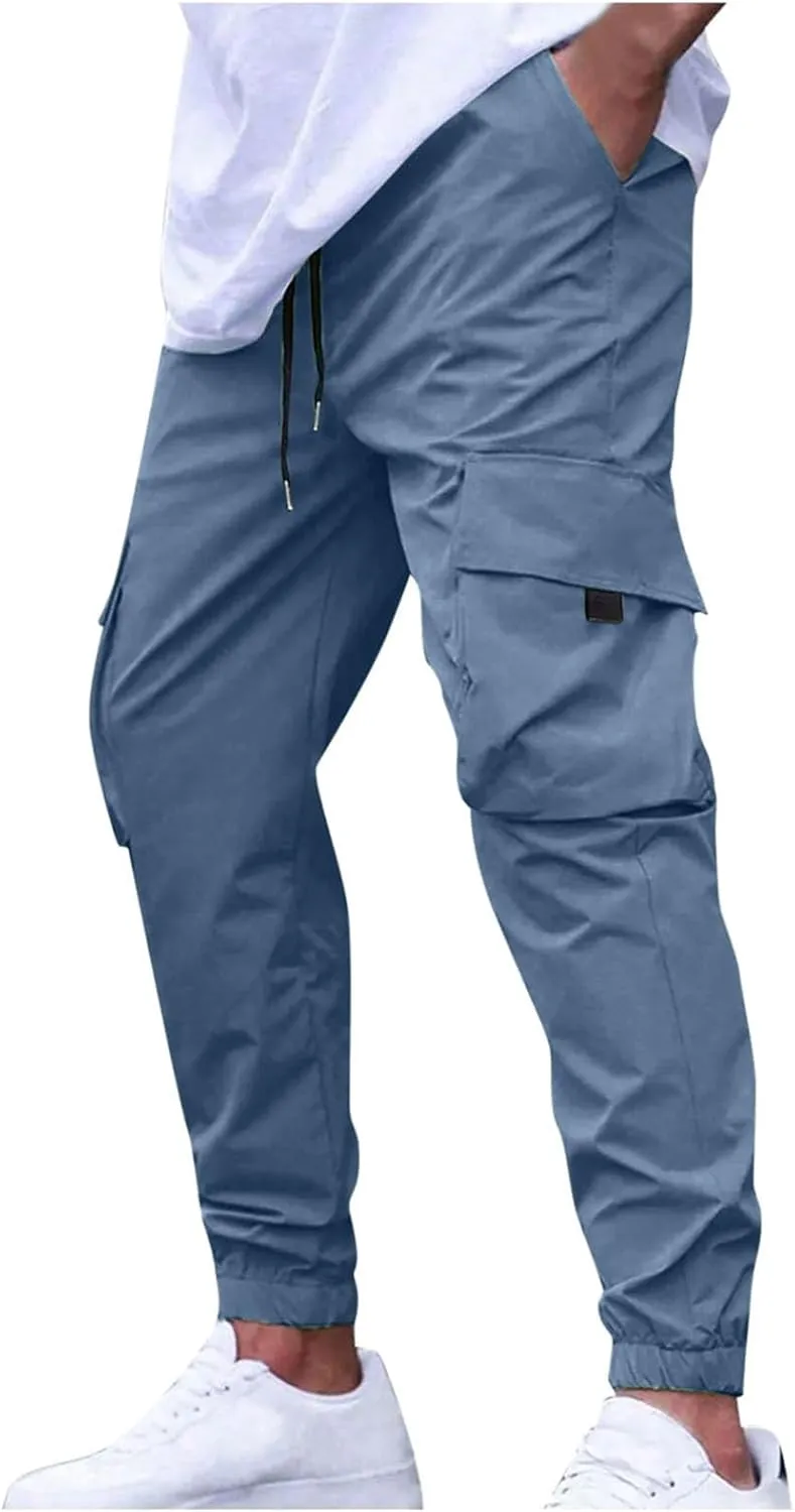 Sinzelimin Men Cargo Pants Fashion Drawstring Elastic Waist Jogger Sweatpant Baggy Casual Comfy Wide Leg Bound Feet Trouser
