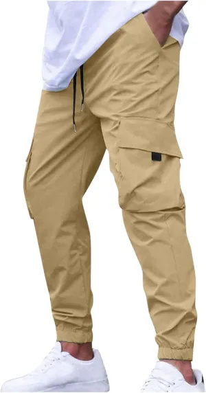 Sinzelimin Men Cargo Pants Fashion Drawstring Elastic Waist Jogger Sweatpant Baggy Casual Comfy Wide Leg Bound Feet Trouser