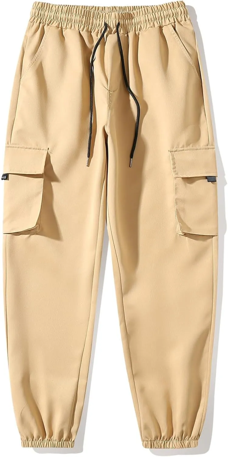 Sinzelimin Men Cargo Pants Fashion Drawstring Elastic Waist Jogger Sweatpant Baggy Casual Comfy Wide Leg Bound Feet Trouser