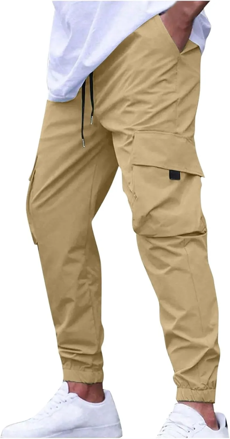 Sinzelimin Men Cargo Pants Fashion Drawstring Elastic Waist Jogger Sweatpant Baggy Casual Comfy Wide Leg Bound Feet Trouser