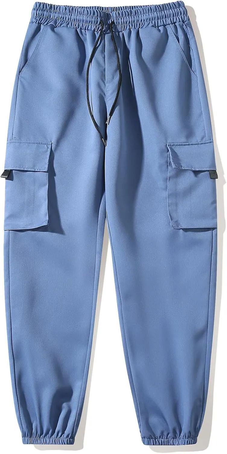 Sinzelimin Men Cargo Pants Fashion Drawstring Elastic Waist Jogger Sweatpant Baggy Casual Comfy Wide Leg Bound Feet Trouser
