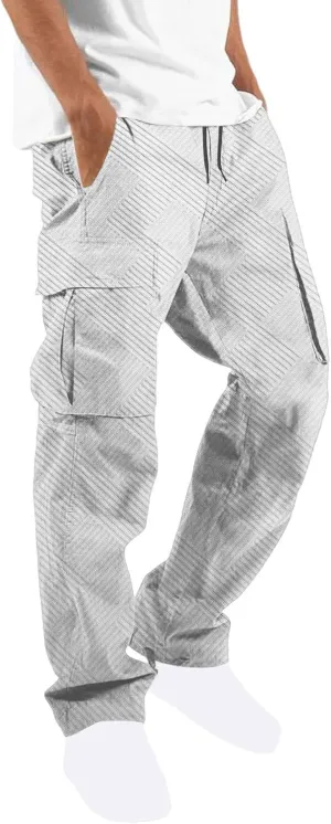 Sinzelimin Men's Cargo Pants Fashion Jacquard Multiple Pockets Drawstring Elastic Waist Baggy Comfy Wide Leg Sweatpant