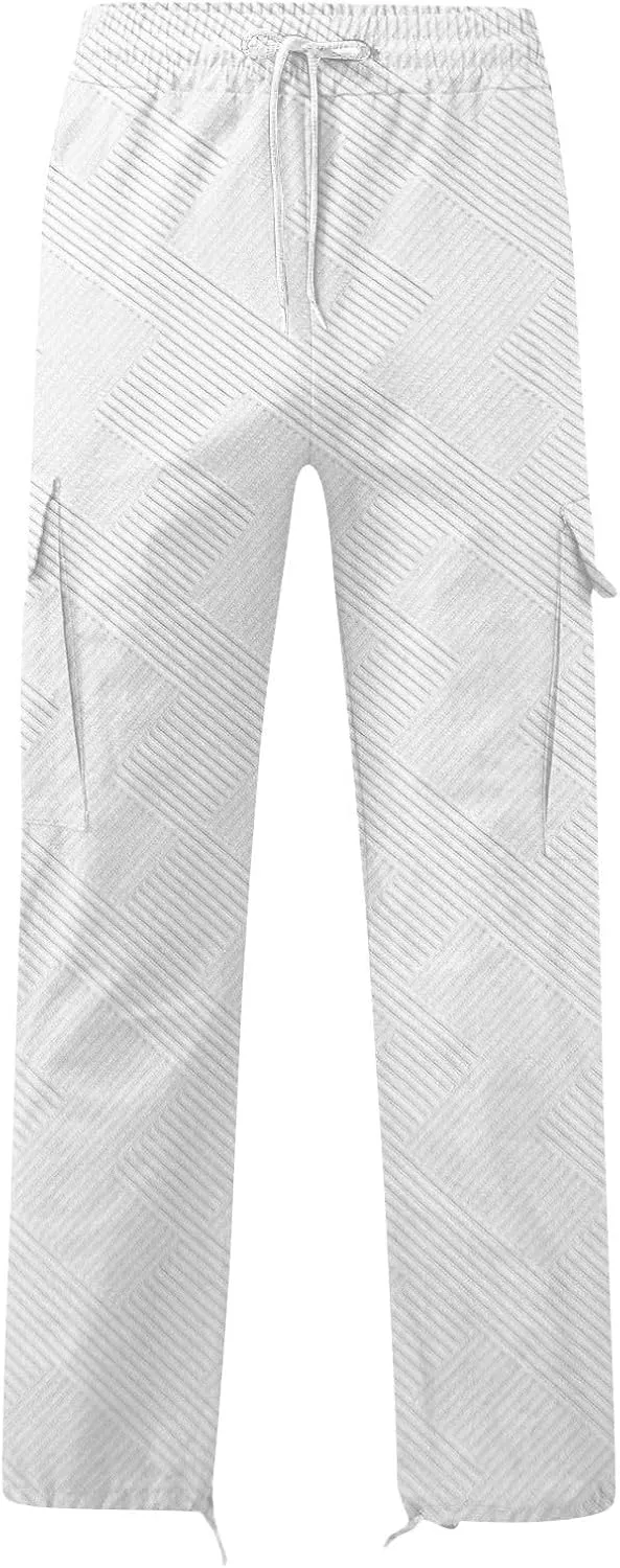 Sinzelimin Men's Cargo Pants Fashion Jacquard Multiple Pockets Drawstring Elastic Waist Baggy Comfy Wide Leg Sweatpant