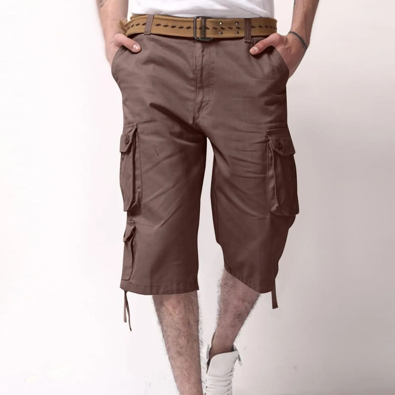 Sinzelimin Men's Short Cargo Pants Fashion Solid Color Multiple Pockets Loose Comfy Dressy Casual Workwear Crop Trouser