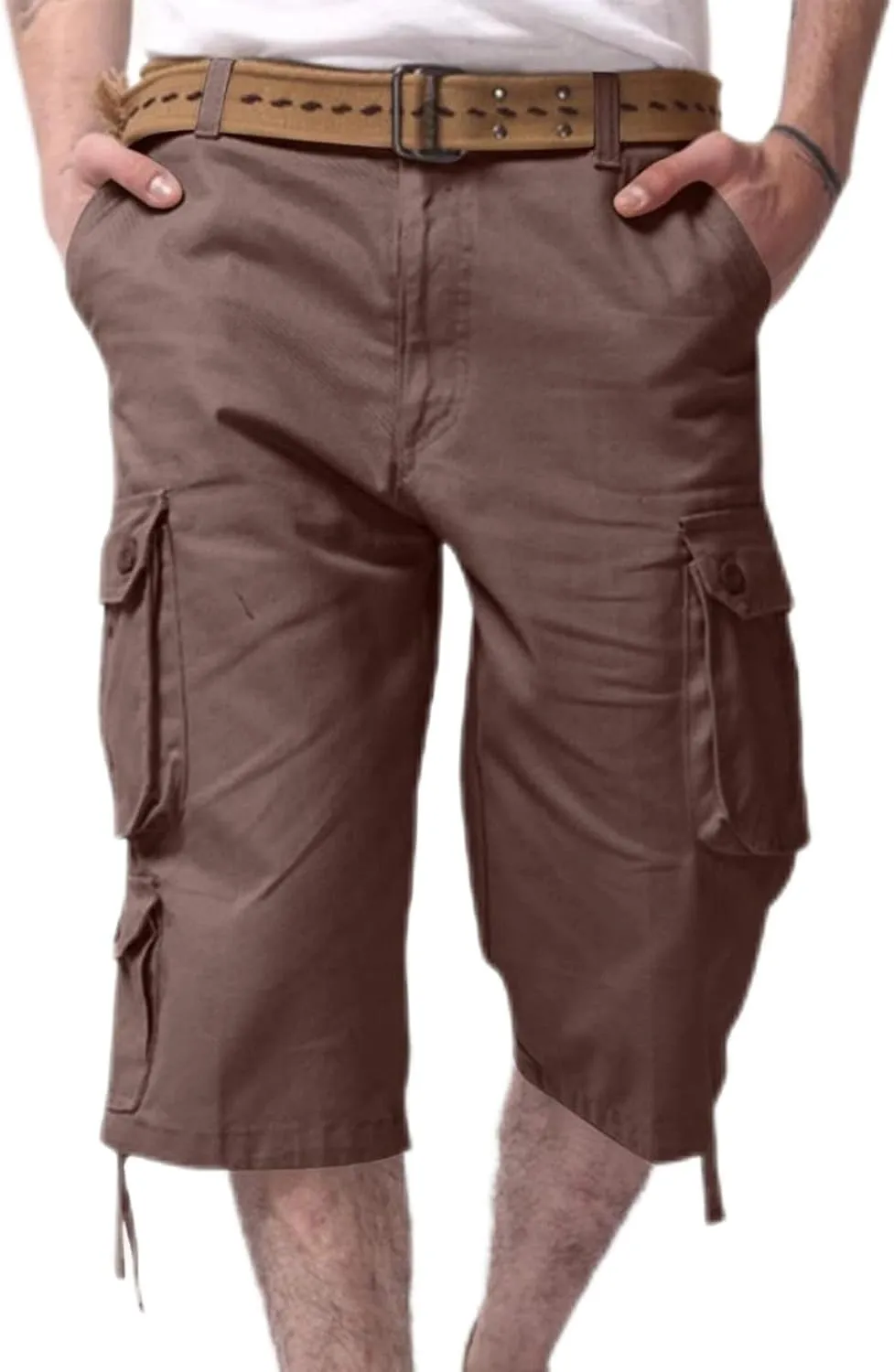 Sinzelimin Men's Short Cargo Pants Fashion Solid Color Multiple Pockets Loose Comfy Dressy Casual Workwear Crop Trouser