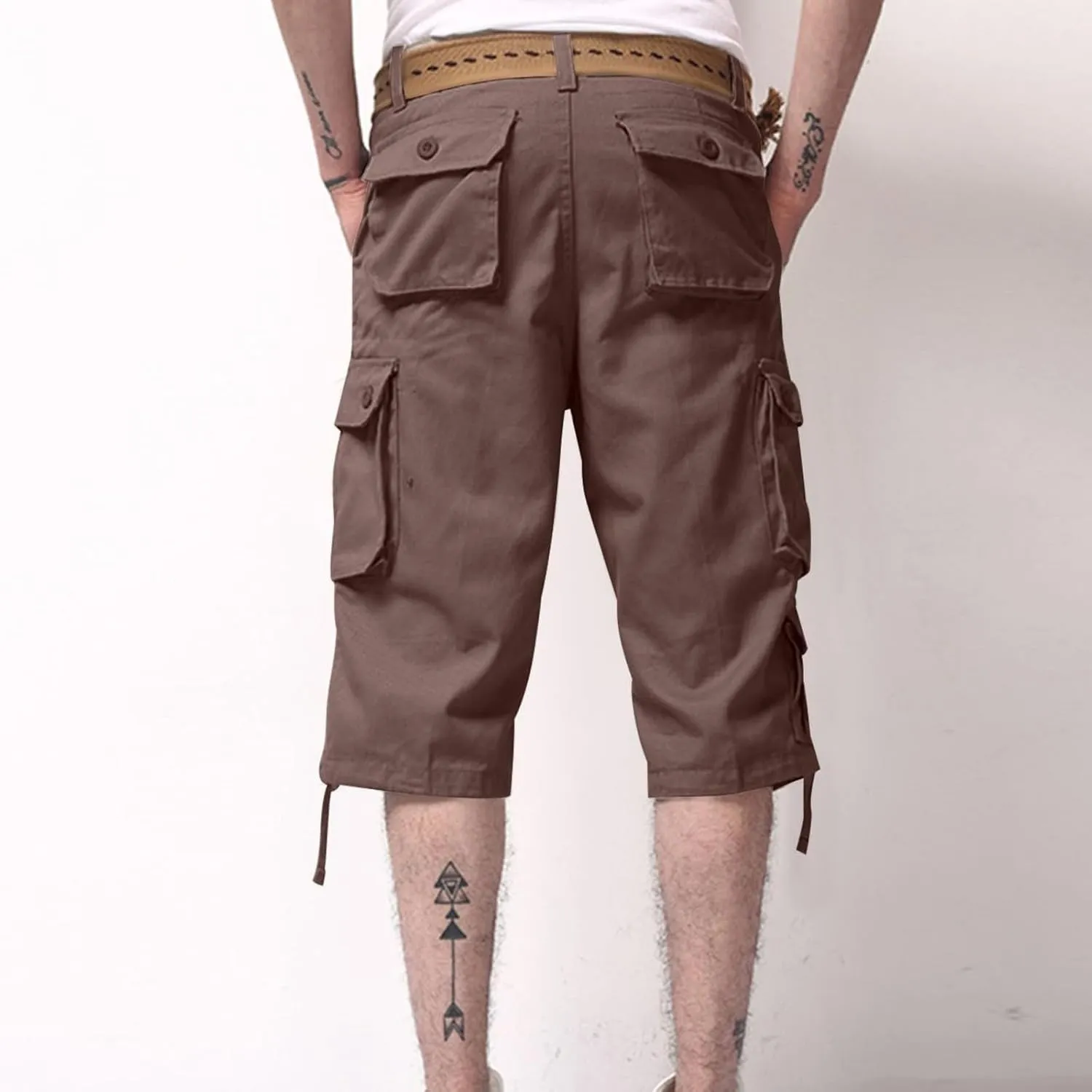 Sinzelimin Men's Short Cargo Pants Fashion Solid Color Multiple Pockets Loose Comfy Dressy Casual Workwear Crop Trouser