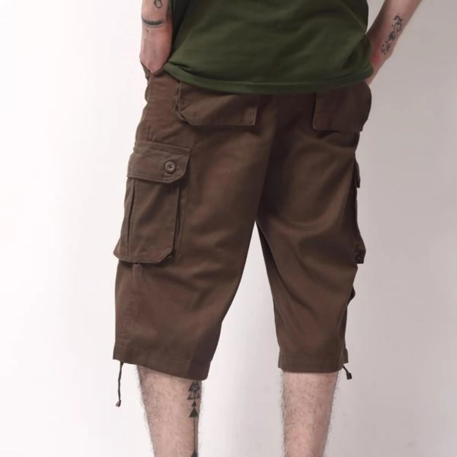 Sinzelimin Men's Short Cargo Pants Fashion Solid Color Multiple Pockets Loose Comfy Dressy Casual Workwear Crop Trouser