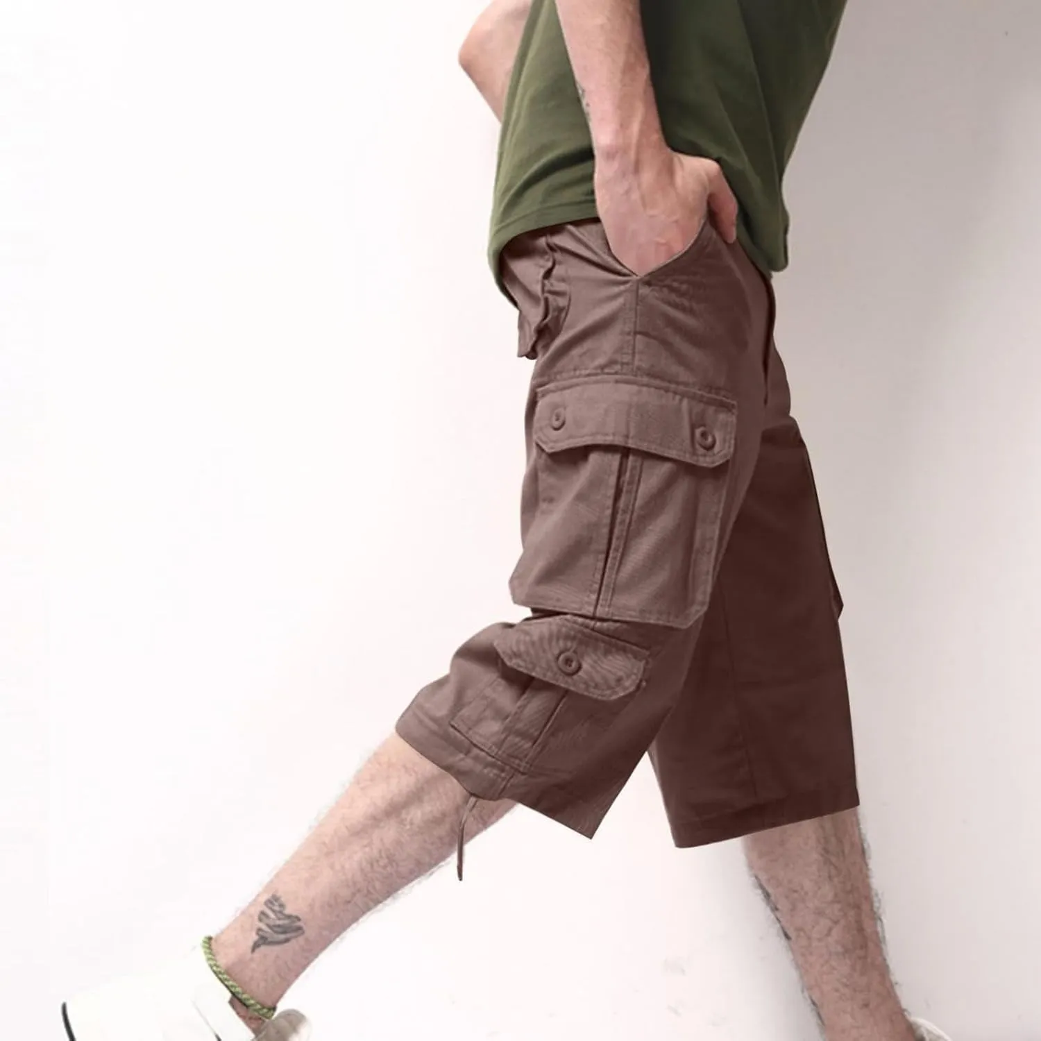 Sinzelimin Men's Short Cargo Pants Fashion Solid Color Multiple Pockets Loose Comfy Dressy Casual Workwear Crop Trouser