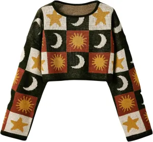 SOLY HUX Plus Size Y2K Cropped Sweaters for Women Star Graphic Sweaters Pullover Boho Tops Grunge Clothes 90s Outfits