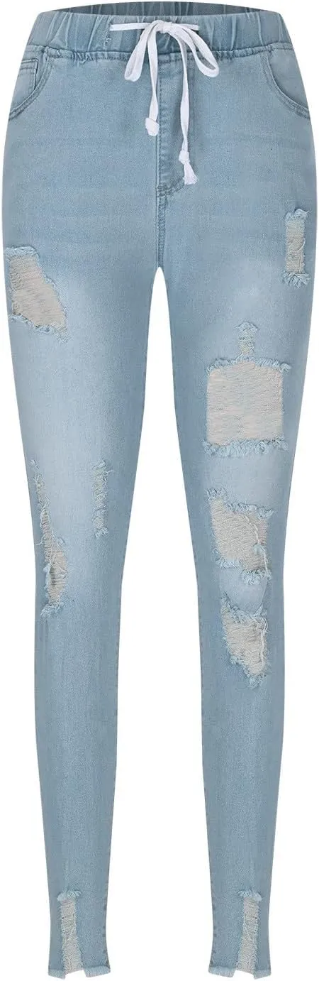 Stretch Jeans for Women Casual Drawstring High Waisted Jeans Straight Leg Pants Trendy Skinny Ripped Jeans