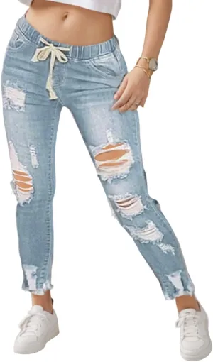 Stretch Jeans for Women Casual Drawstring High Waisted Jeans Straight Leg Pants Trendy Skinny Ripped Jeans