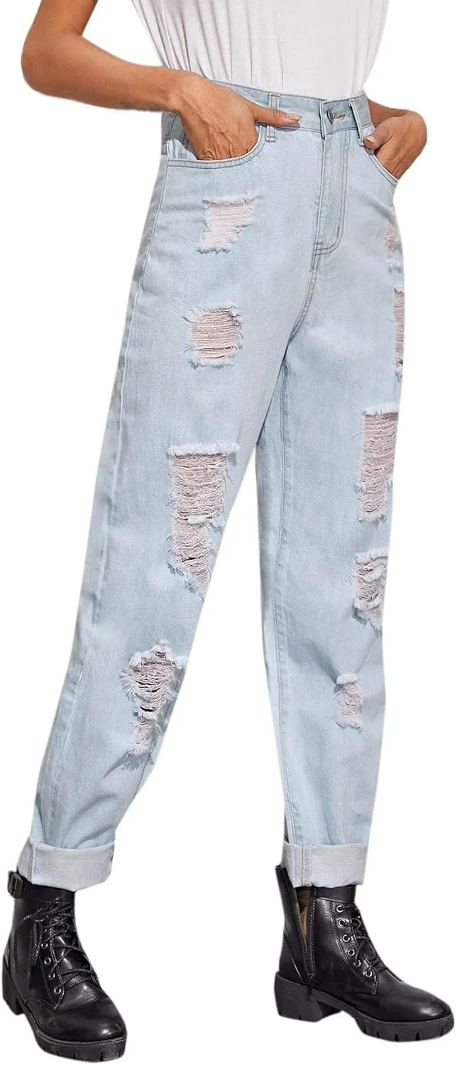 SweatyRocks Women's Ripped Boyfriend Jeans Distressed Denim Ankle Length Jeans