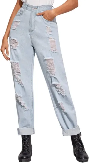 SweatyRocks Women's Ripped Boyfriend Jeans Distressed Denim Ankle Length Jeans