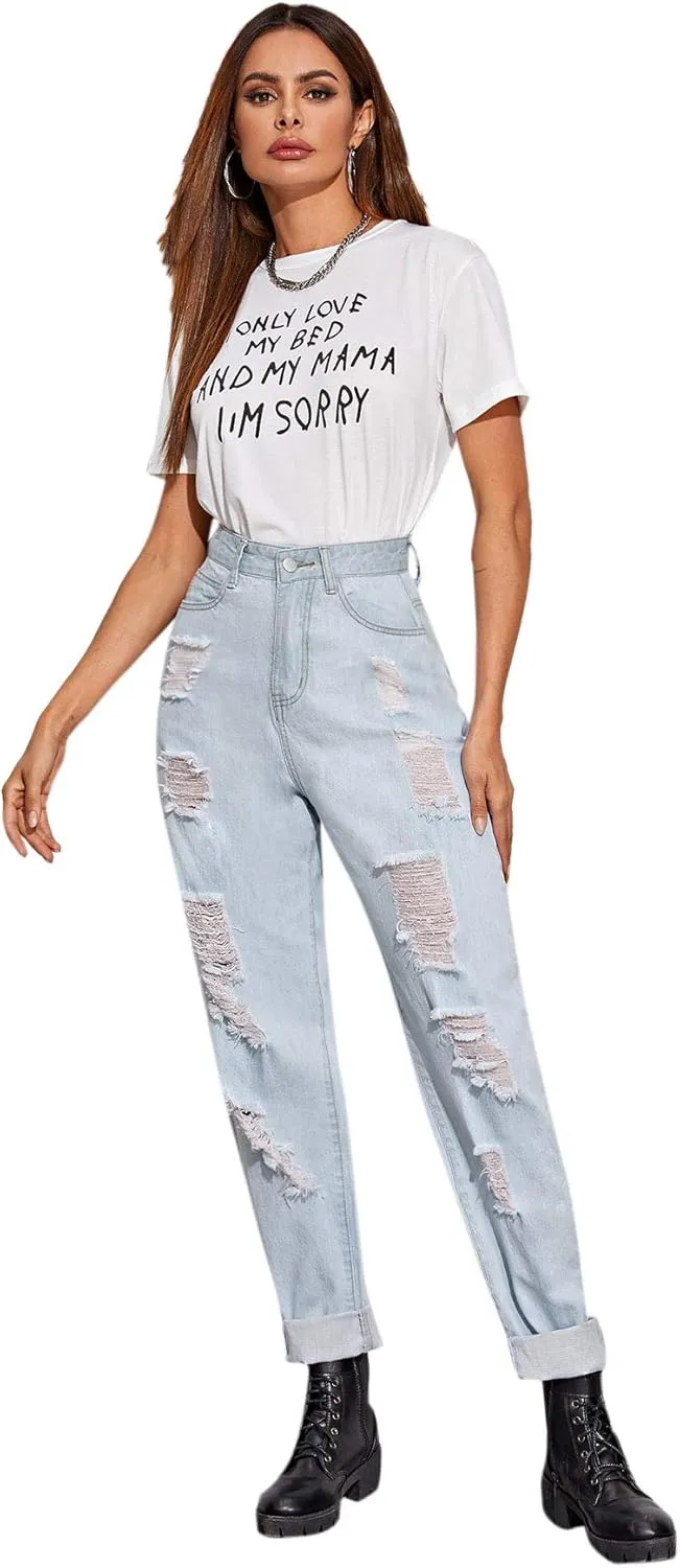 SweatyRocks Women's Ripped Boyfriend Jeans Distressed Denim Ankle Length Jeans