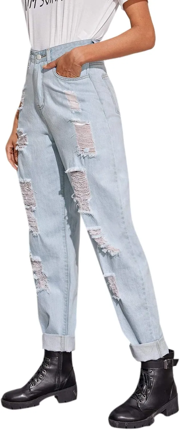 SweatyRocks Women's Ripped Boyfriend Jeans Distressed Denim Ankle Length Jeans