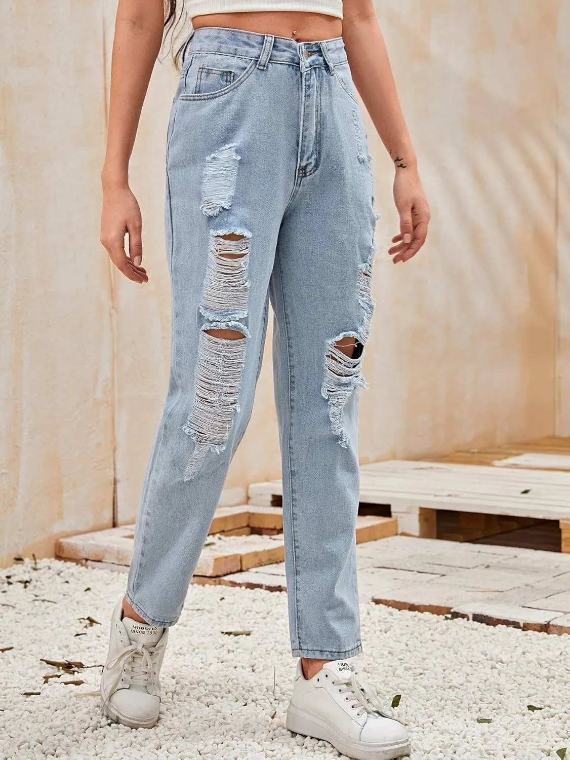 SweatyRocks Women's Ripped Boyfriend Jeans Distressed Denim Ankle Length Jeans
