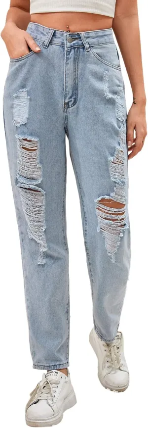 SweatyRocks Women's Ripped Boyfriend Jeans Distressed Denim Ankle Length Jeans