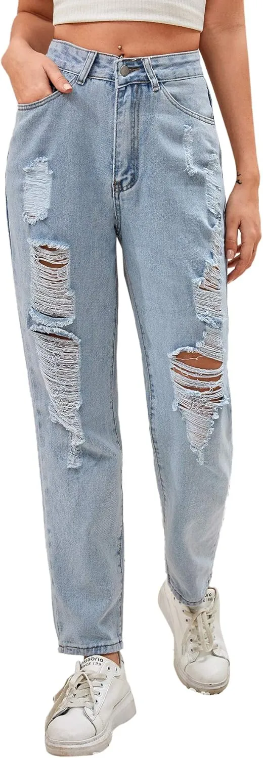 SweatyRocks Women's Ripped Boyfriend Jeans Distressed Denim Ankle Length Jeans