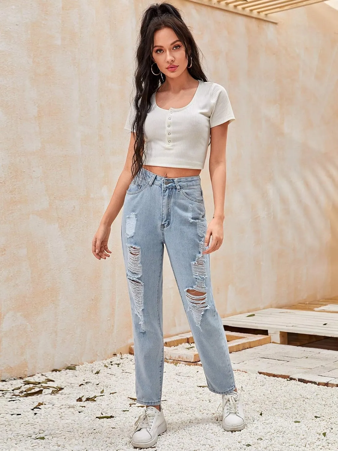 SweatyRocks Women's Ripped Boyfriend Jeans Distressed Denim Ankle Length Jeans
