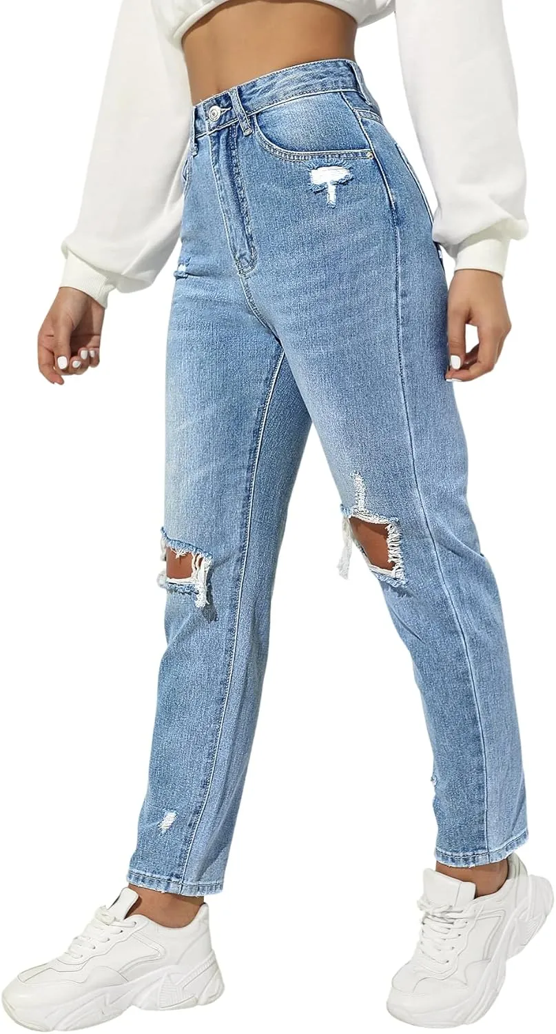 SweatyRocks Women's Ripped Boyfriend Jeans Distressed High Waist Silm Fit Denim Pants