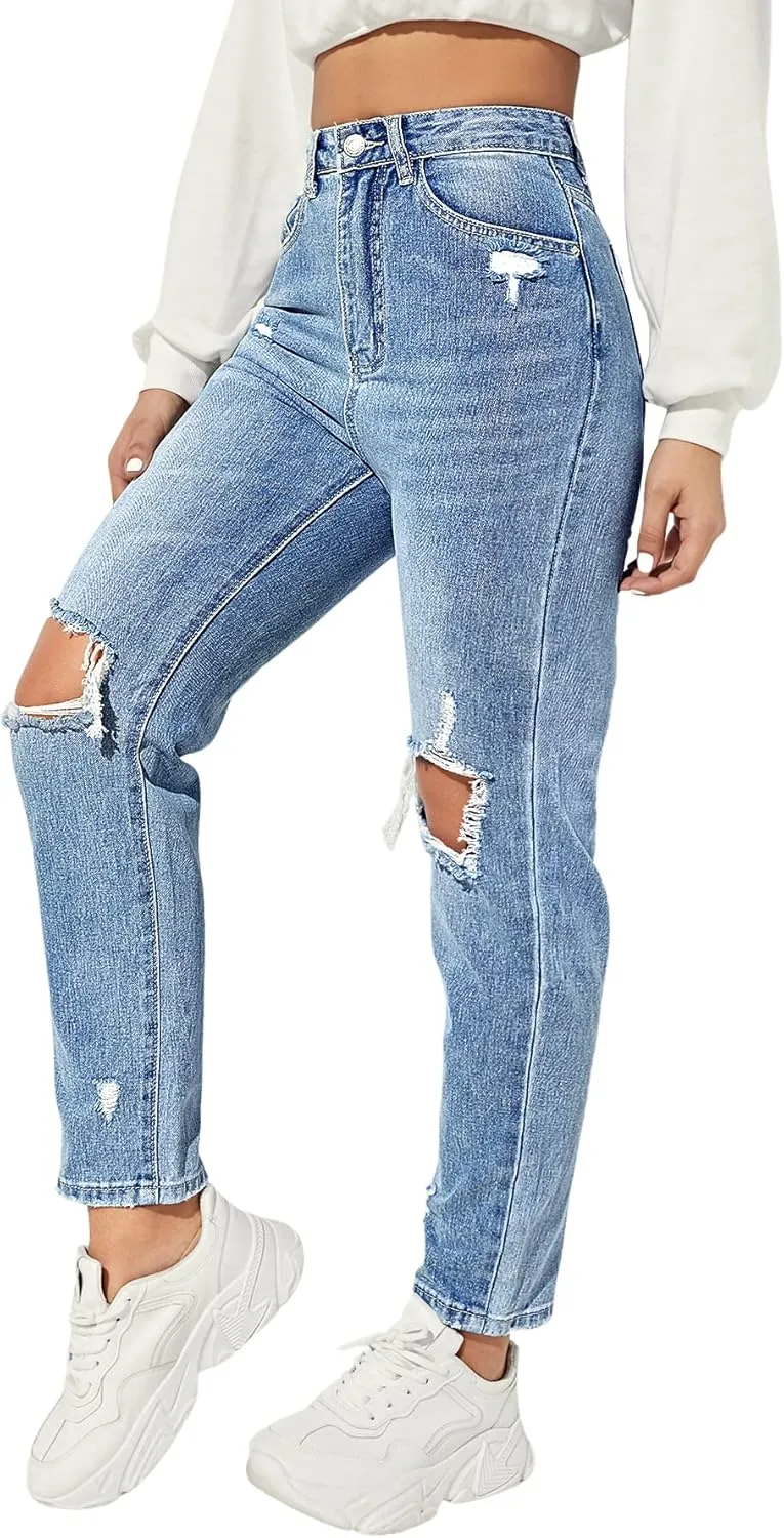 SweatyRocks Women's Ripped Boyfriend Jeans Distressed High Waist Silm Fit Denim Pants