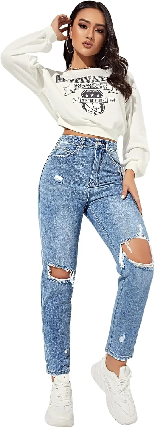 SweatyRocks Women's Ripped Boyfriend Jeans Distressed High Waist Silm Fit Denim Pants