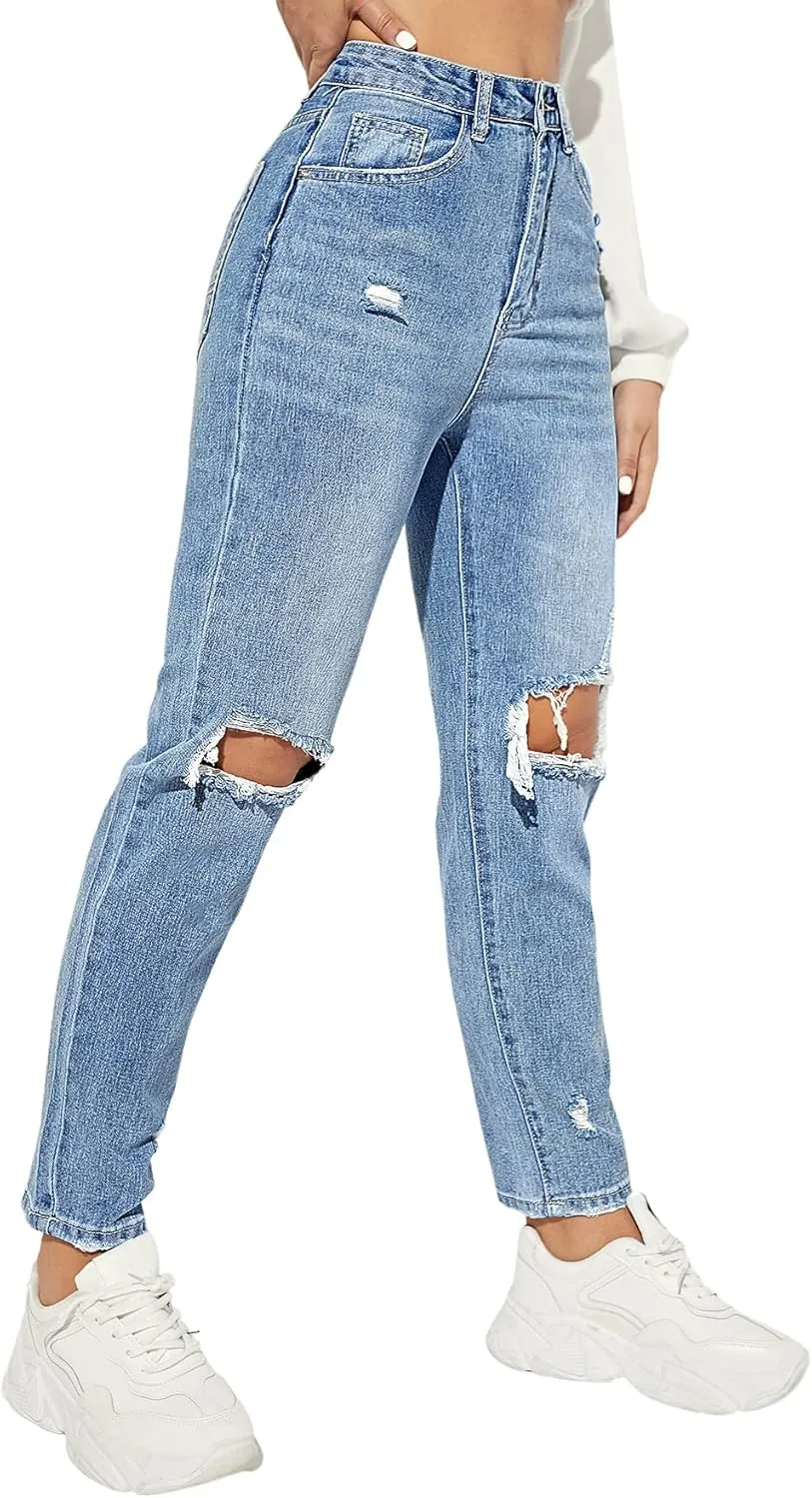 SweatyRocks Women's Ripped Boyfriend Jeans Distressed High Waist Silm Fit Denim Pants