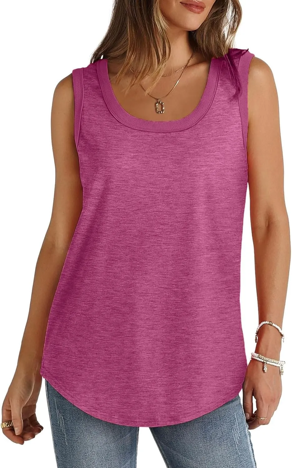 Tank Tops for Women Summer Sleeveless Scoop Neck Curved Hem Dressy Tunic Waistcoat Slimming Fitted Longline Tees