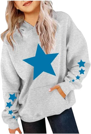 Teen Girl Cute Hoodies Kids Long Sleeve Star Graphic Oversized Sweatshirts Casual Comfy Pullover Athletic Tops