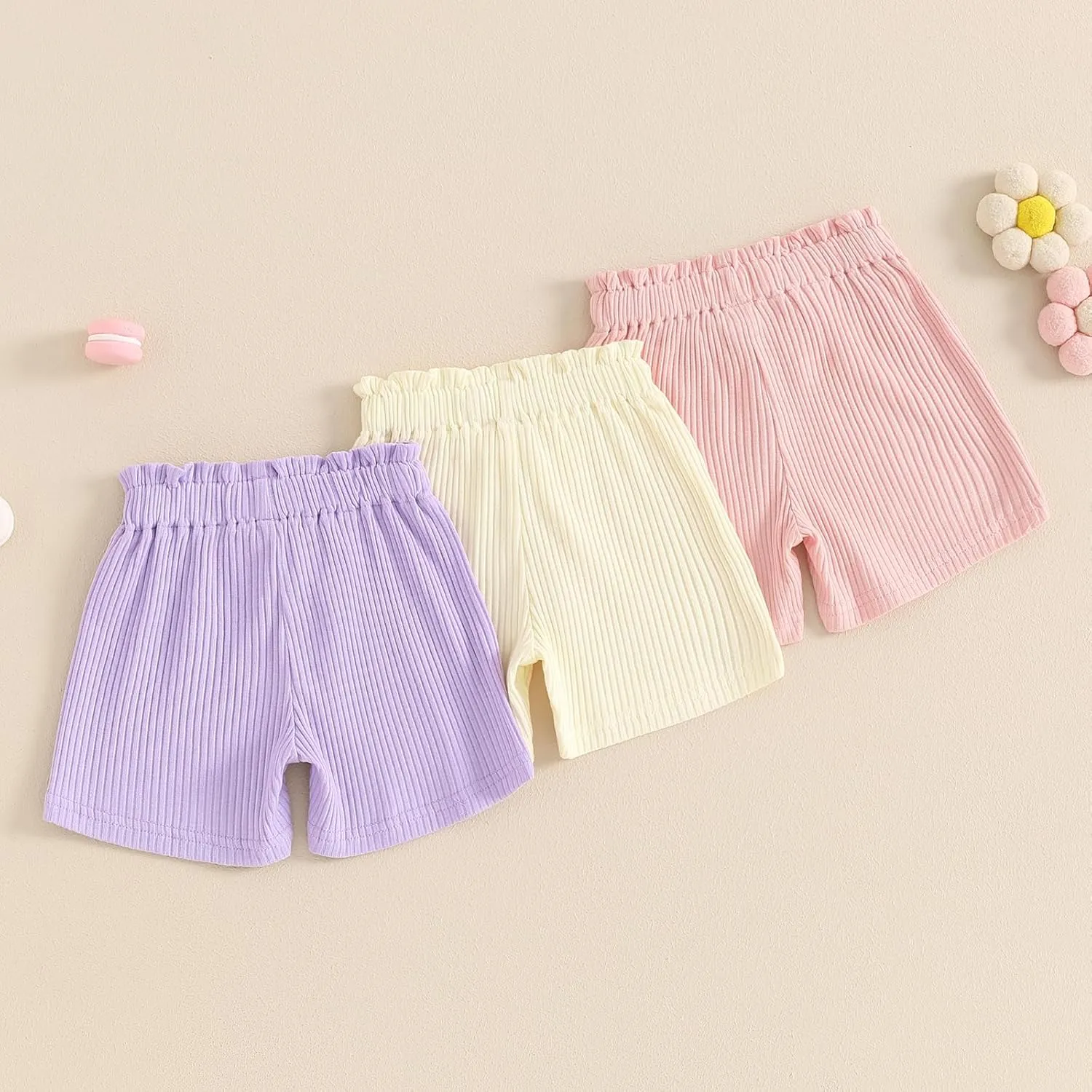 Toddler Baby Girl Shorts 3 Pack Solid Color Ribbed Elastic Waist Cottton Summer Bottoms Midi Shorts Casual Pants
