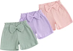 Toddler Baby Girl Shorts 3 Pack Solid Color Ribbed Elastic Waist Cottton Summer Bottoms Midi Shorts Casual Pants