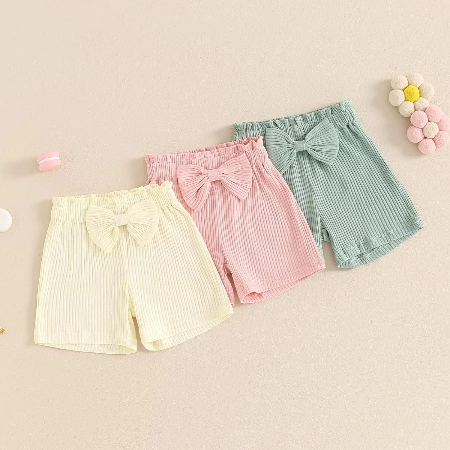 Toddler Baby Girl Shorts 3 Pack Solid Color Ribbed Elastic Waist Cottton Summer Bottoms Midi Shorts Casual Pants