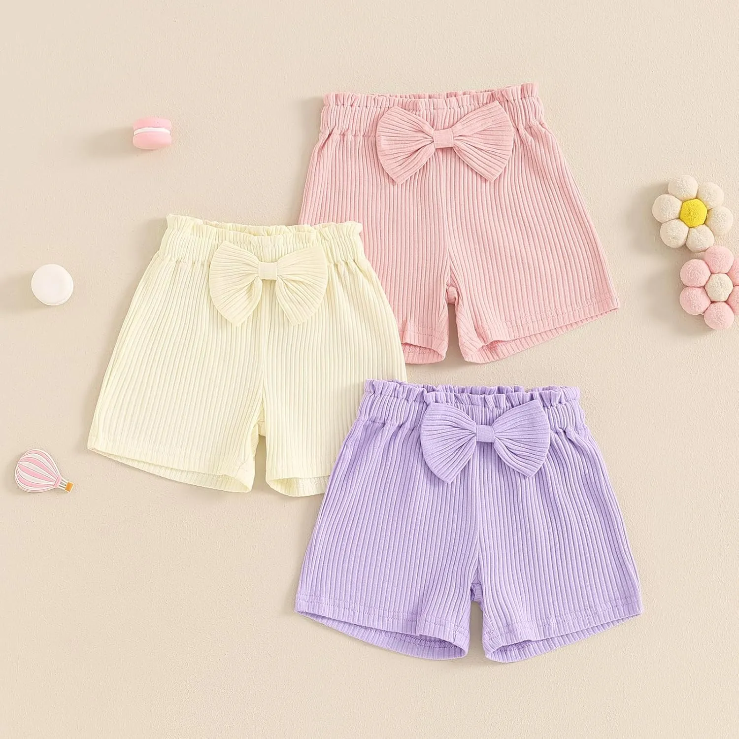 Toddler Baby Girl Shorts 3 Pack Solid Color Ribbed Elastic Waist Cottton Summer Bottoms Midi Shorts Casual Pants