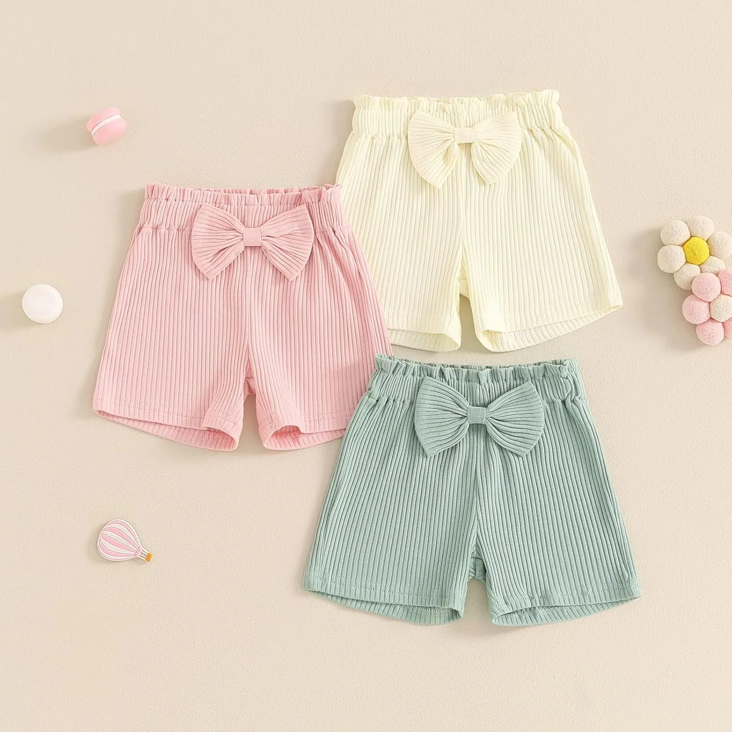 Toddler Baby Girl Shorts 3 Pack Solid Color Ribbed Elastic Waist Cottton Summer Bottoms Midi Shorts Casual Pants