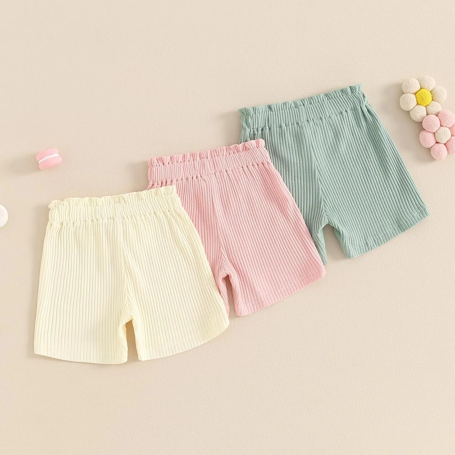Toddler Baby Girl Shorts 3 Pack Solid Color Ribbed Elastic Waist Cottton Summer Bottoms Midi Shorts Casual Pants
