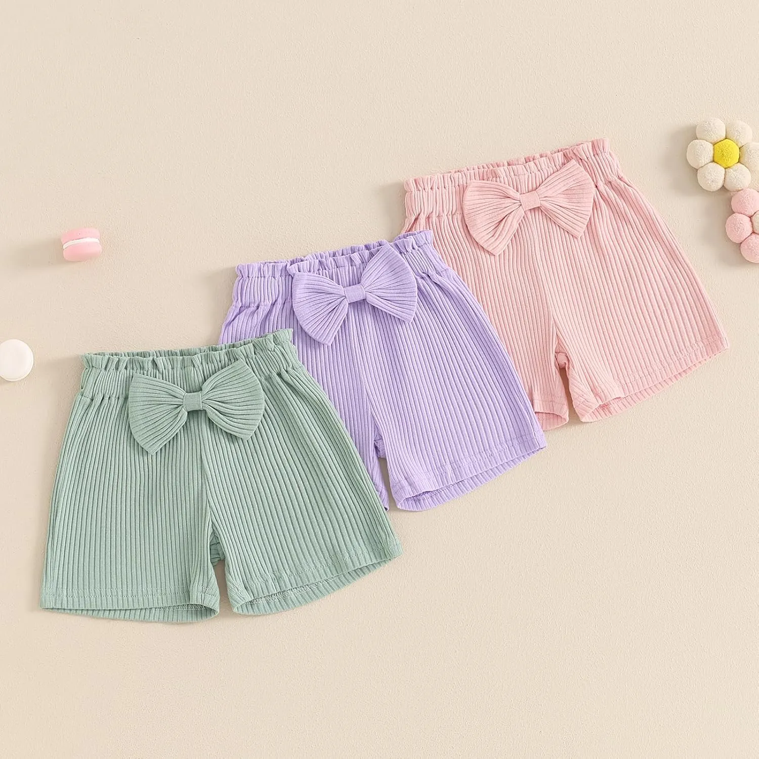 Toddler Baby Girl Shorts 3 Pack Solid Color Ribbed Elastic Waist Cottton Summer Bottoms Midi Shorts Casual Pants