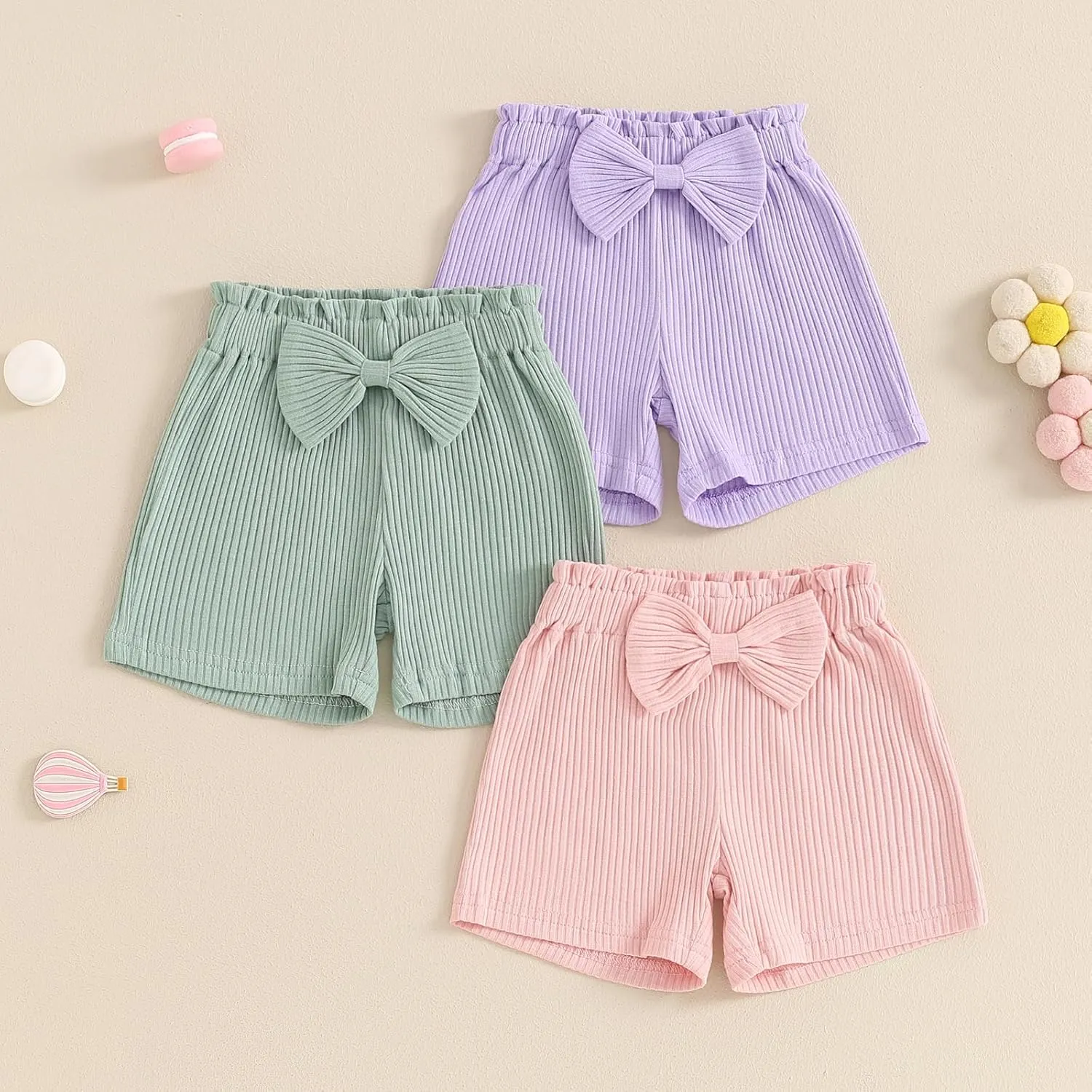 Toddler Baby Girl Shorts 3 Pack Solid Color Ribbed Elastic Waist Cottton Summer Bottoms Midi Shorts Casual Pants