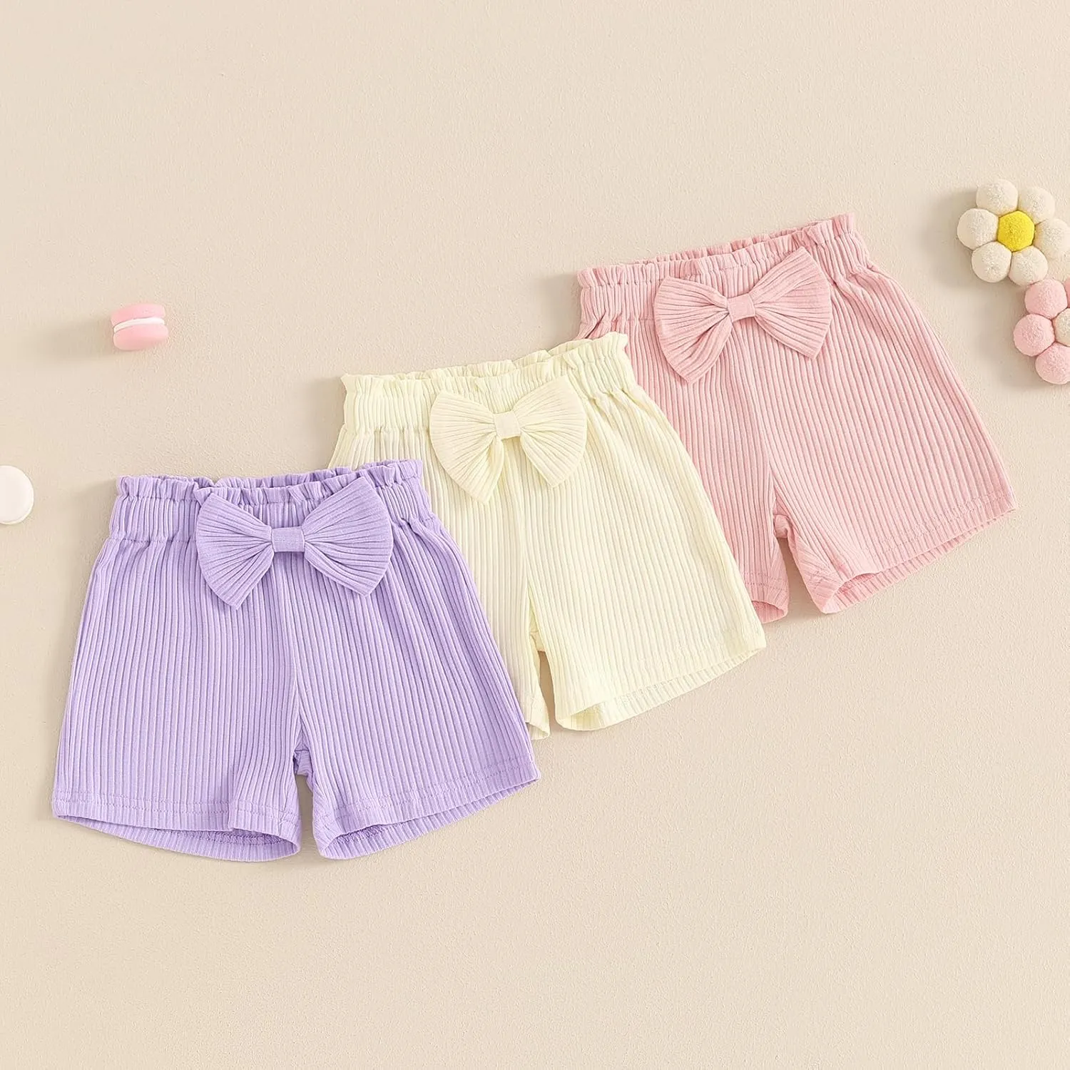 Toddler Baby Girl Shorts 3 Pack Solid Color Ribbed Elastic Waist Cottton Summer Bottoms Midi Shorts Casual Pants