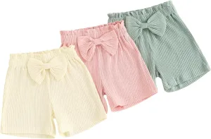 Toddler Baby Girl Shorts 3 Pack Solid Color Ribbed Elastic Waist Cottton Summer Bottoms Midi Shorts Casual Pants