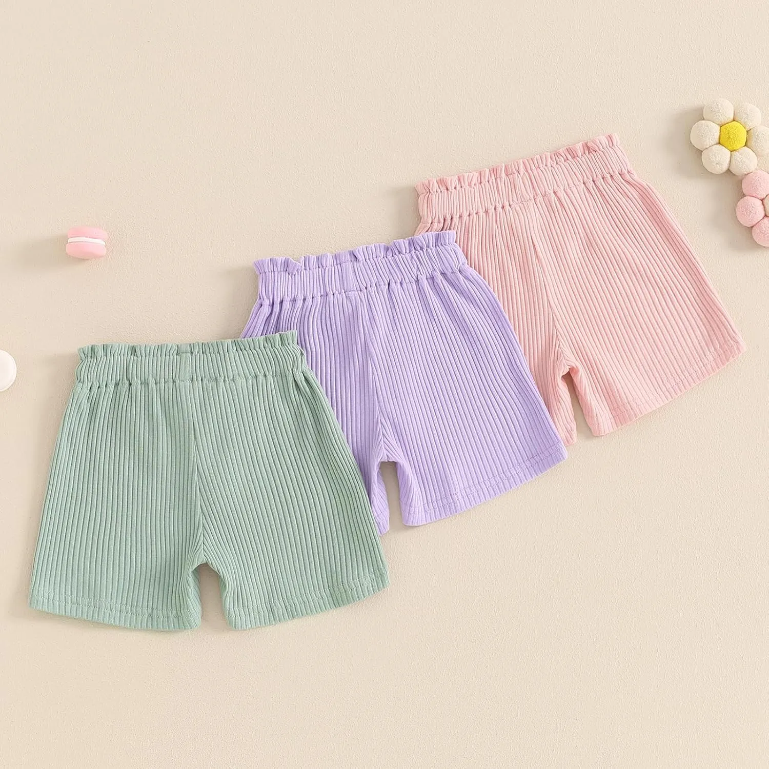 Toddler Baby Girl Shorts 3 Pack Solid Color Ribbed Elastic Waist Cottton Summer Bottoms Midi Shorts Casual Pants