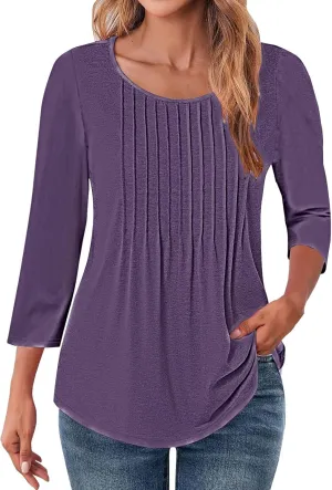 Tops for Women Trendy Short Sleeves Pleated Crewneck Tunic Blouses Solid Gradient Graphic Tees Summer Shirts
