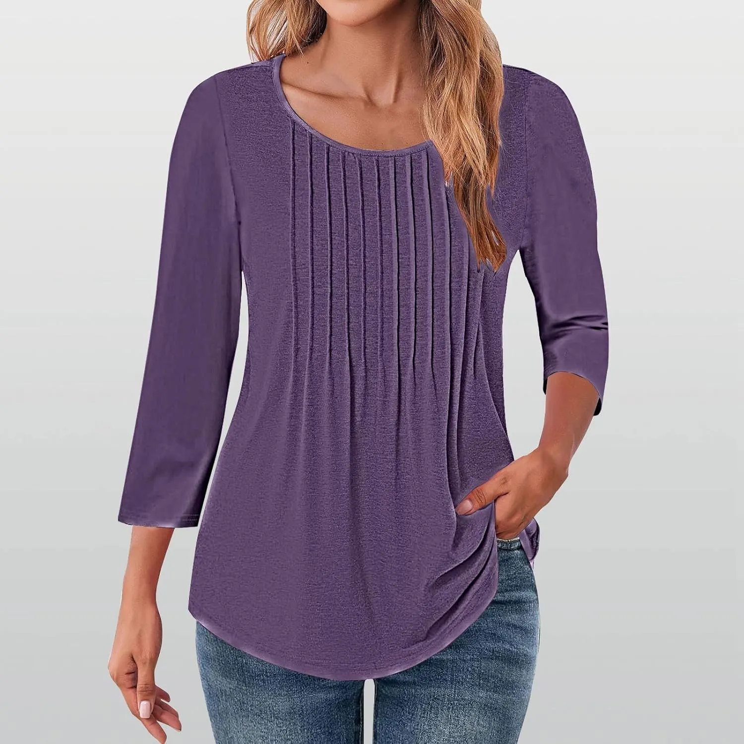 Tops for Women Trendy Short Sleeves Pleated Crewneck Tunic Blouses Solid Gradient Graphic Tees Summer Shirts