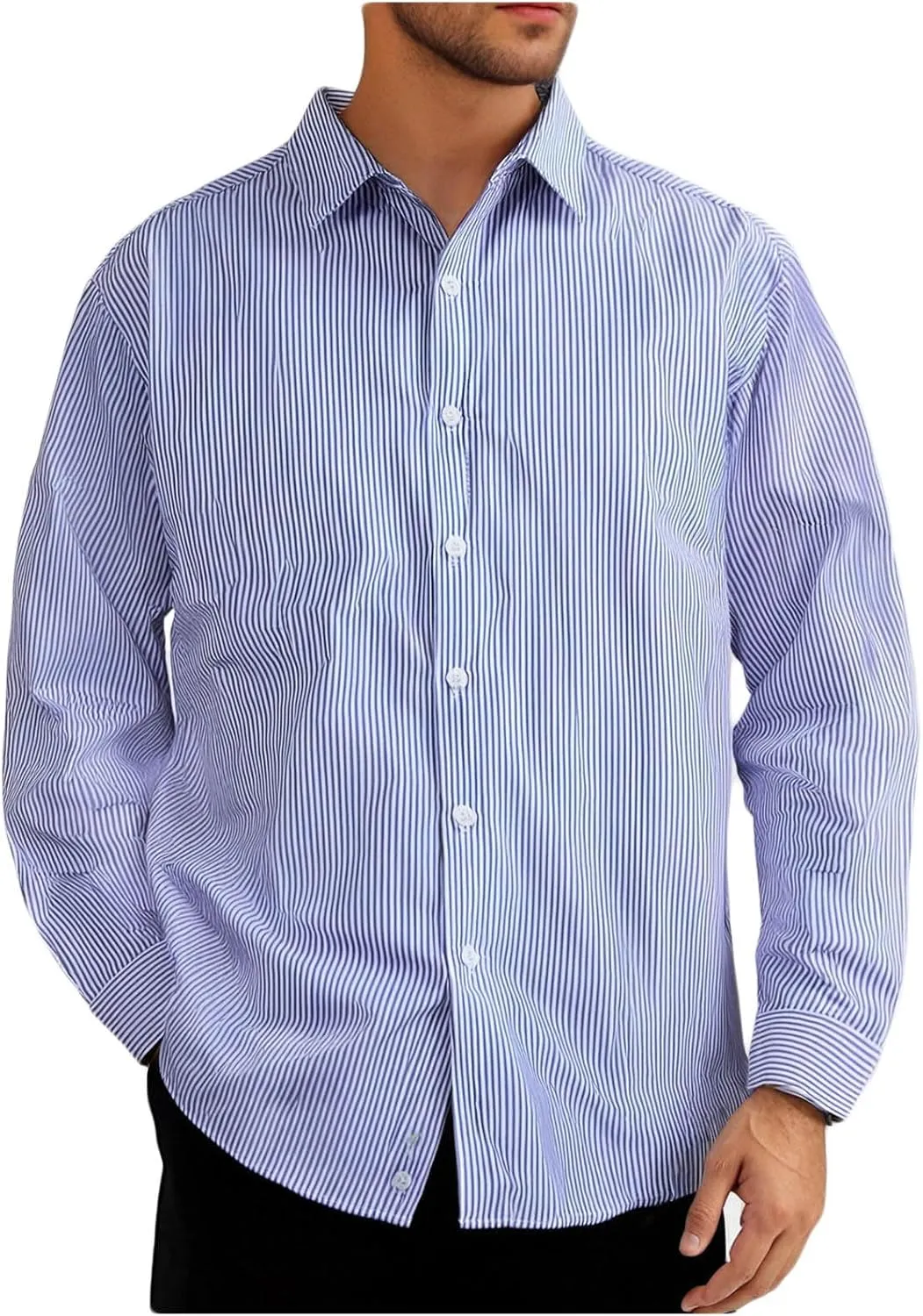 Uillui Men's Big and Tall Vertical Striped Dress Shirt Relaxed Fit Casual Business Button Down Shirt Long Sleeve for Men
