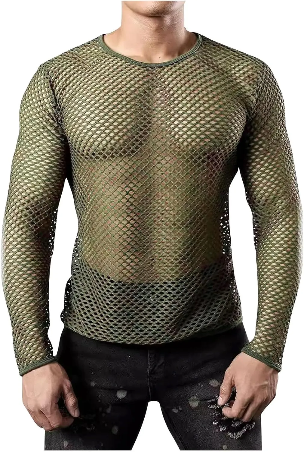 Uillui Men's Mesh Fishnet Muscle Shirts See Through Mesh Party Vest Tops Workout Muscle Tank Fitted Crew Neck Base Layer Tee