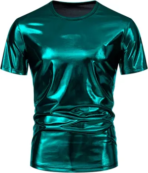 Uillui Mens Metallic T-Shirts 70s Gold/Sliver Shiny Shirts Disco Outfits Holographic Short Sleeve Party Clubwear Shirts