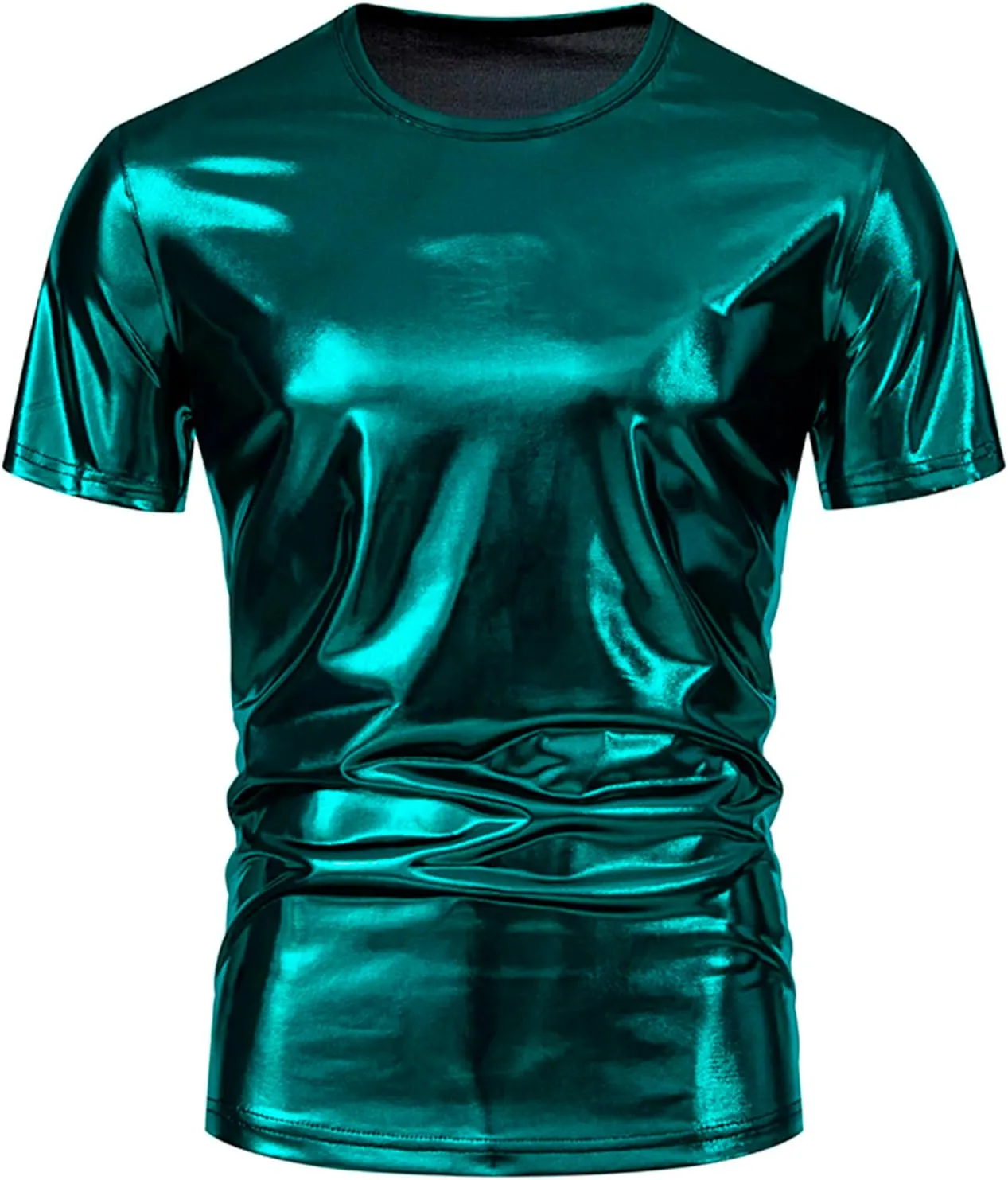Uillui Mens Metallic T-Shirts 70s Gold/Sliver Shiny Shirts Disco Outfits Holographic Short Sleeve Party Clubwear Shirts