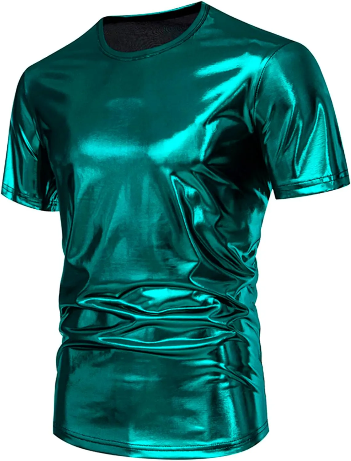 Uillui Mens Metallic T-Shirts 70s Gold/Sliver Shiny Shirts Disco Outfits Holographic Short Sleeve Party Clubwear Shirts